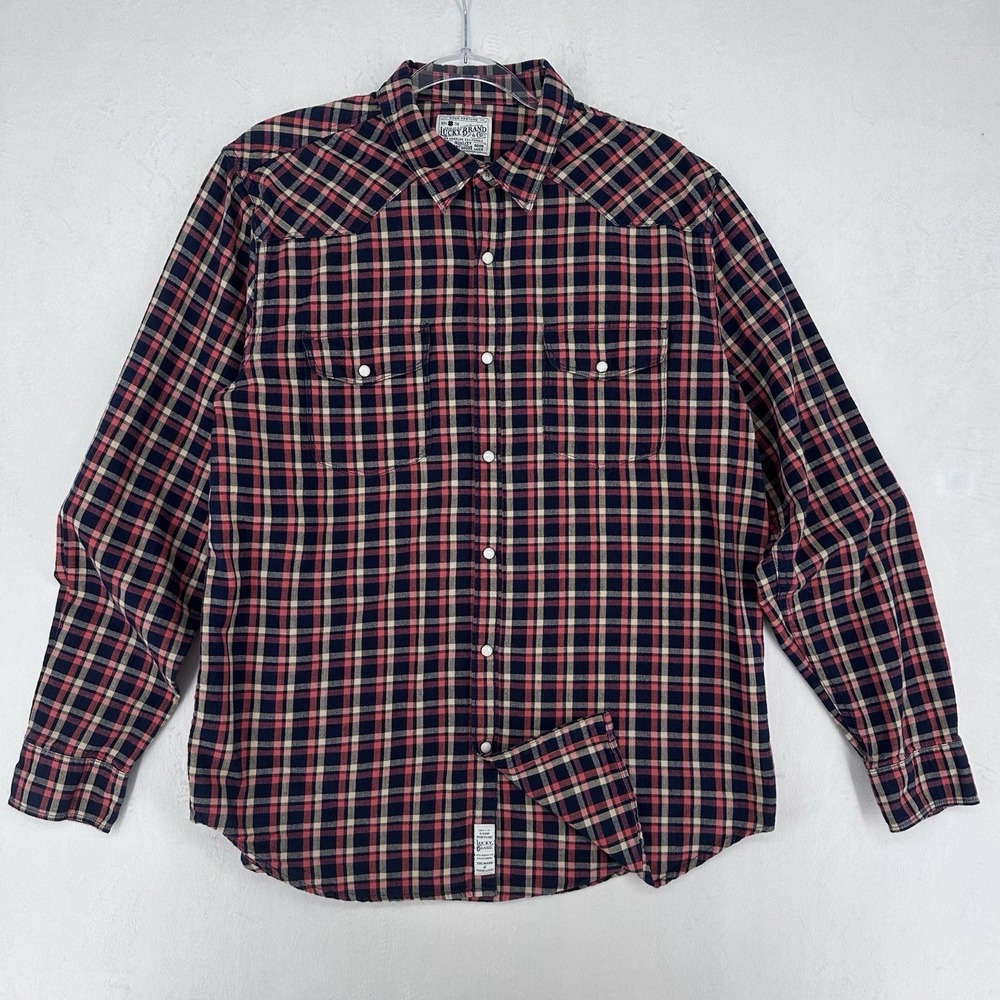 Lucky‎ Brand Pearl Snap Button Up Shirt Mens Large Red Plaid Western Long Sleeve